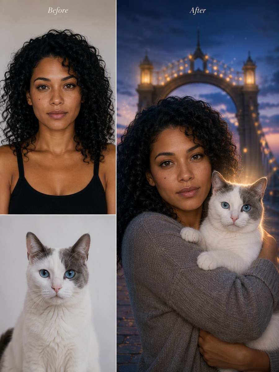 Blue-Hour Reunion Portrait: reference Before and AI-created remembrance After