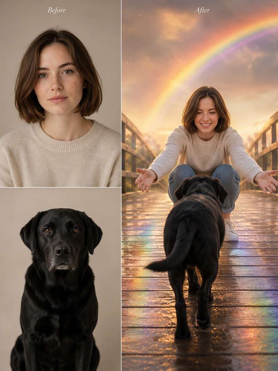 Rainbow Bridge Welcome: reference Before and AI-created remembrance After