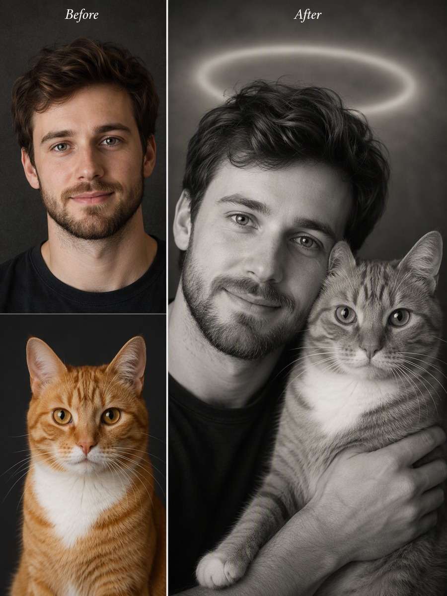 Monochrome Memory Portrait: reference Before and AI-created remembrance After