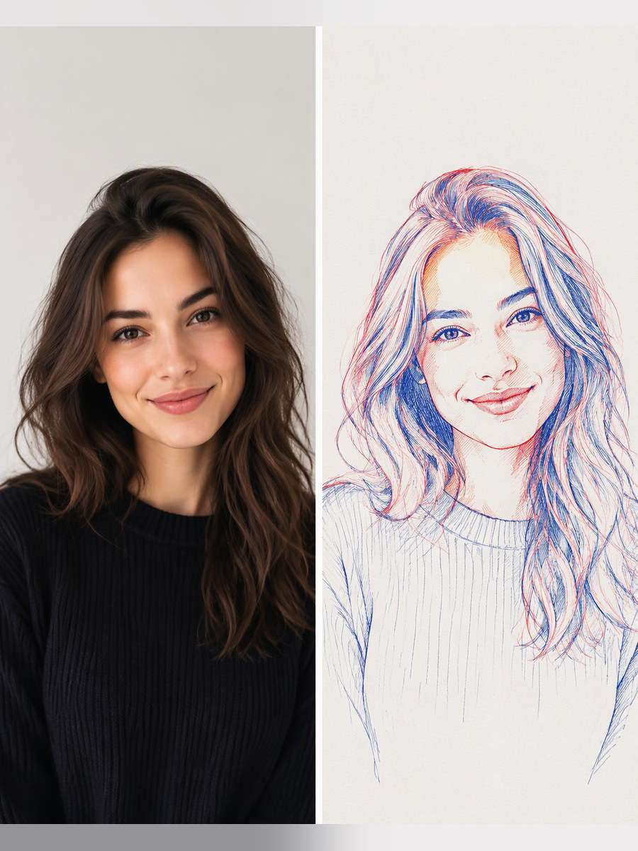 Minimal Two-Pen Portrait - illustrative image-to-image before and after