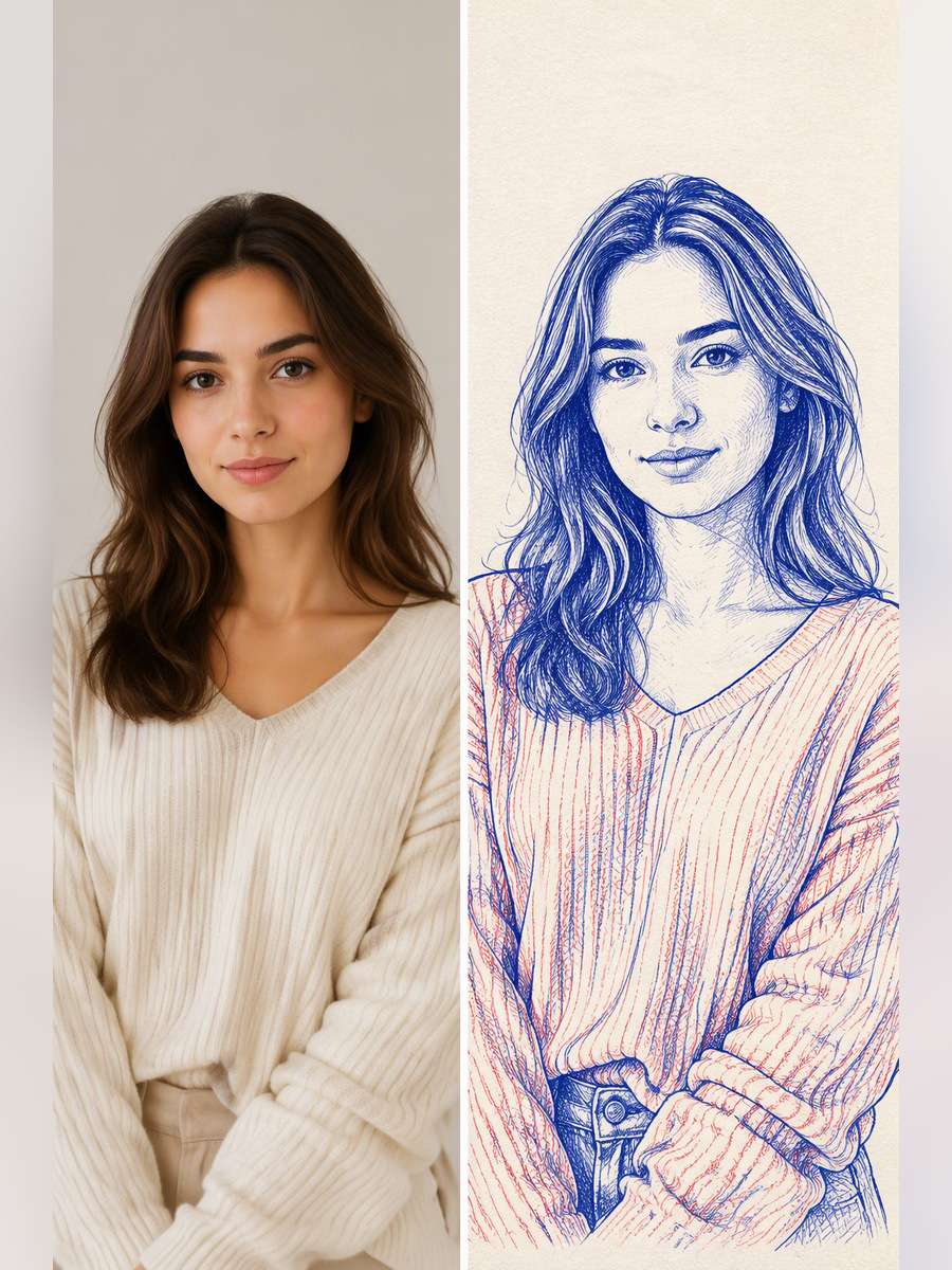 Pen Portrait With Clothing Texture - illustrative image-to-image before and after