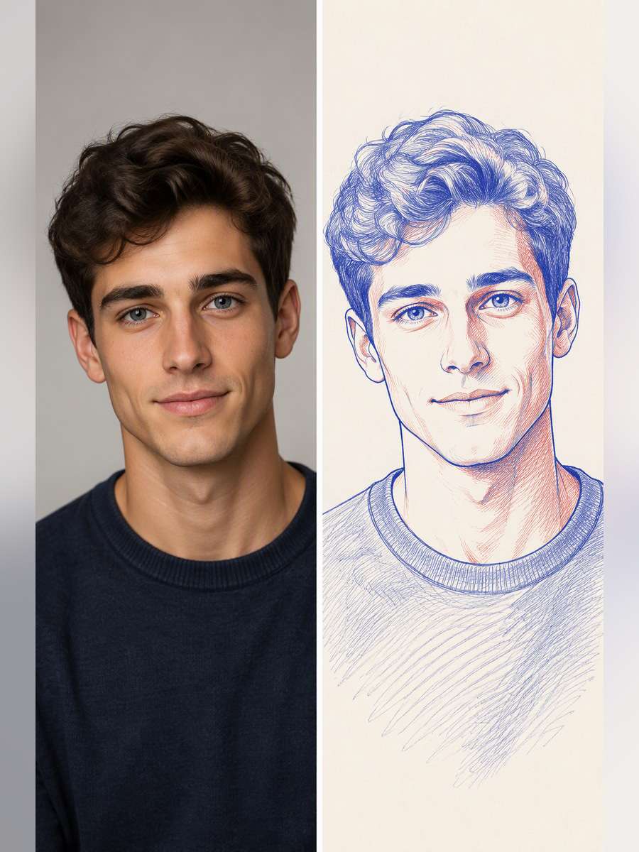 Fine-Line Two-Color Headshot - illustrative image-to-image before and after