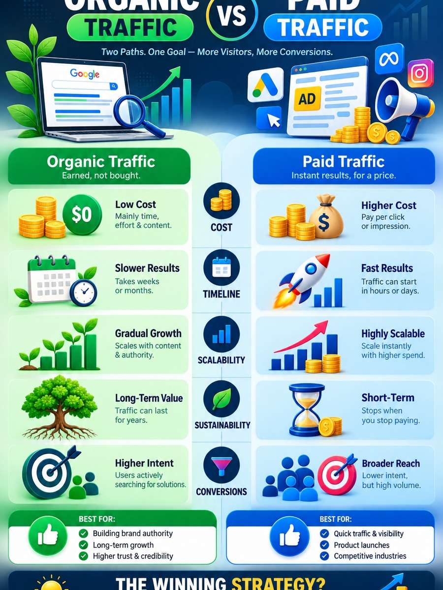 Organic vs Paid Traffic Infographic photo