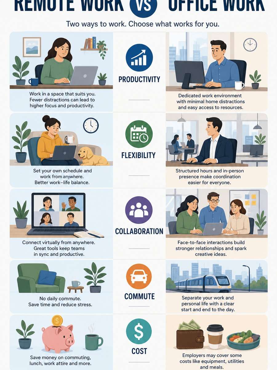 Remote Work vs Office Work Infographic photo