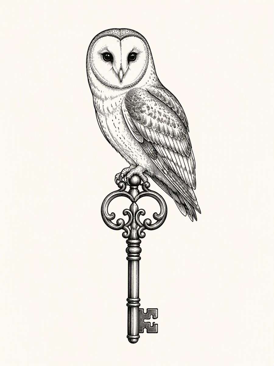 Owl on an Antique Key: AI-generated dark academia tattoo concept