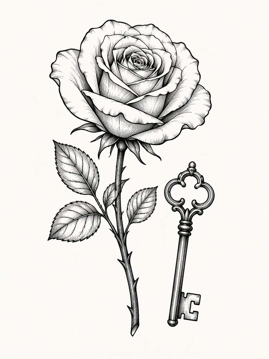 Rose and Antique Key: AI-generated dark academia tattoo concept