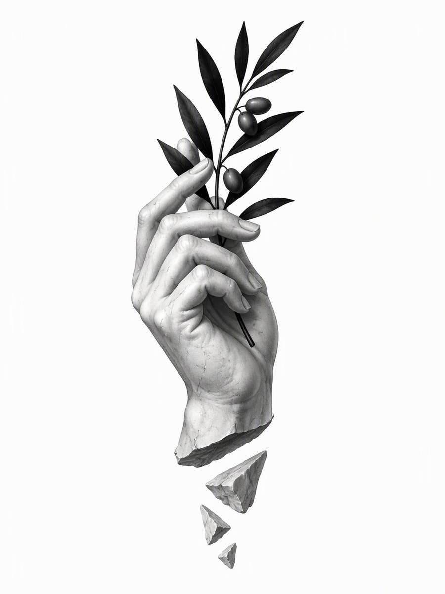 Sculptural Hand and Olive Branch: AI-generated dark academia tattoo concept