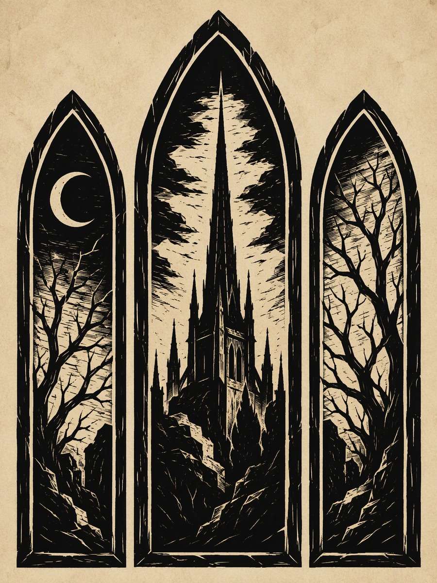 Cathedral Woodcut Triptych: AI-generated dark academia tattoo concept