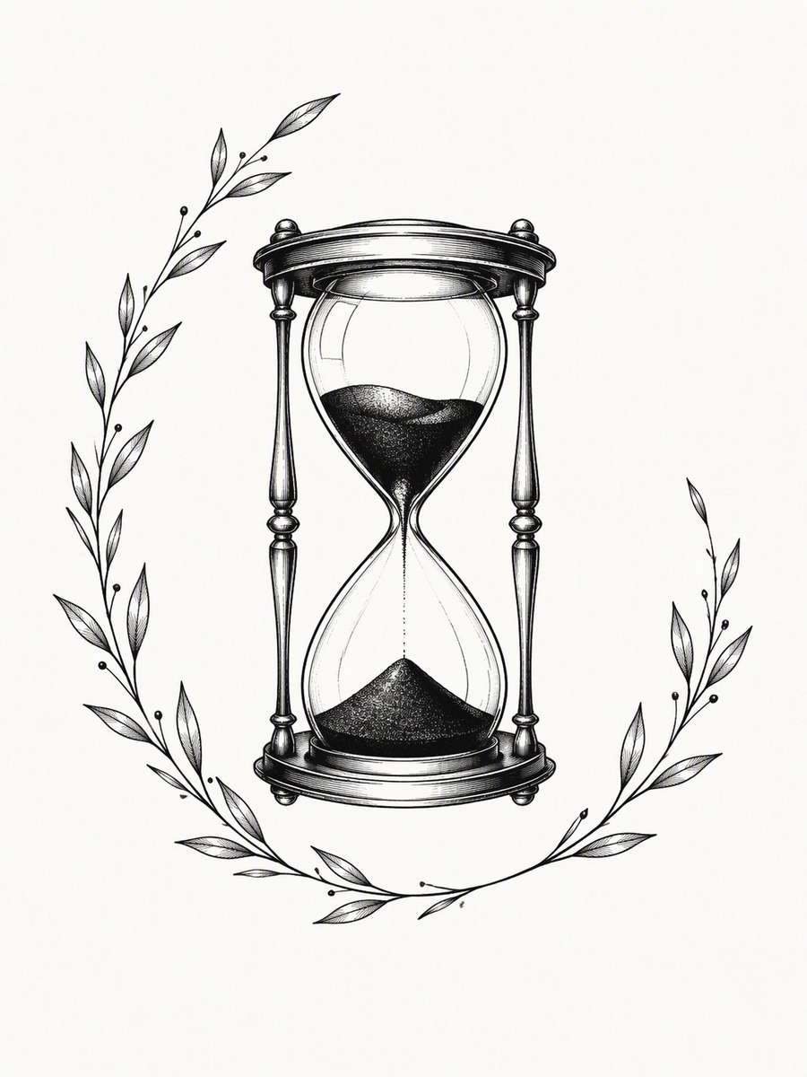 Hourglass and Laurel Arc: AI-generated dark academia tattoo concept