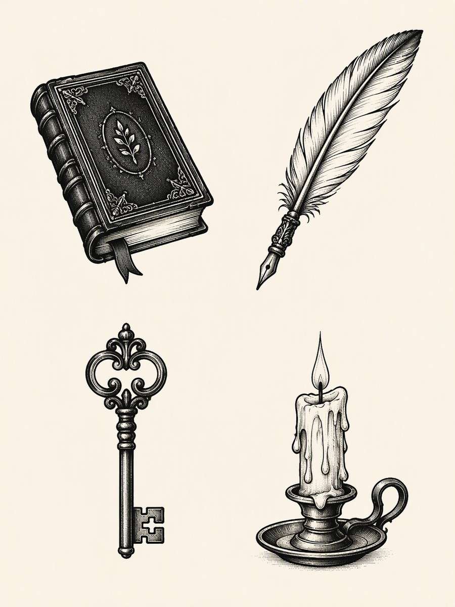 Literary Flash Quartet: AI-generated dark academia tattoo concept