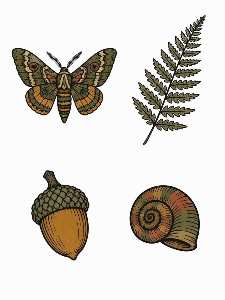 Earth-Tone Natural-History Flash: AI-generated dark academia tattoo concept
