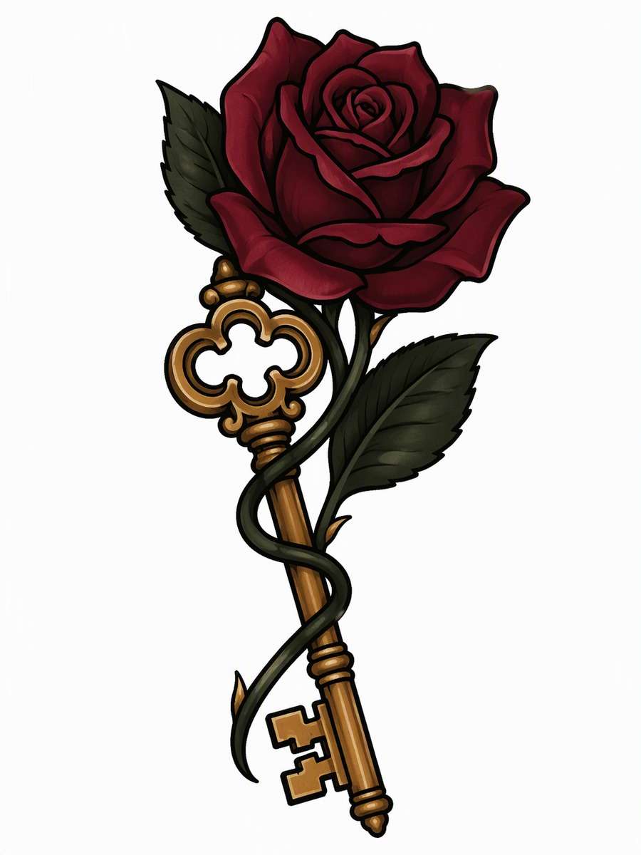 Neo-Traditional Rose and Antique Key: AI-generated dark academia tattoo concept