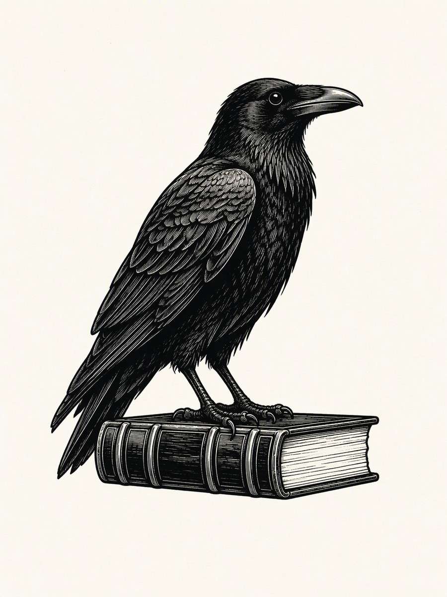 Raven on a Book Spine: AI-generated dark academia tattoo concept
