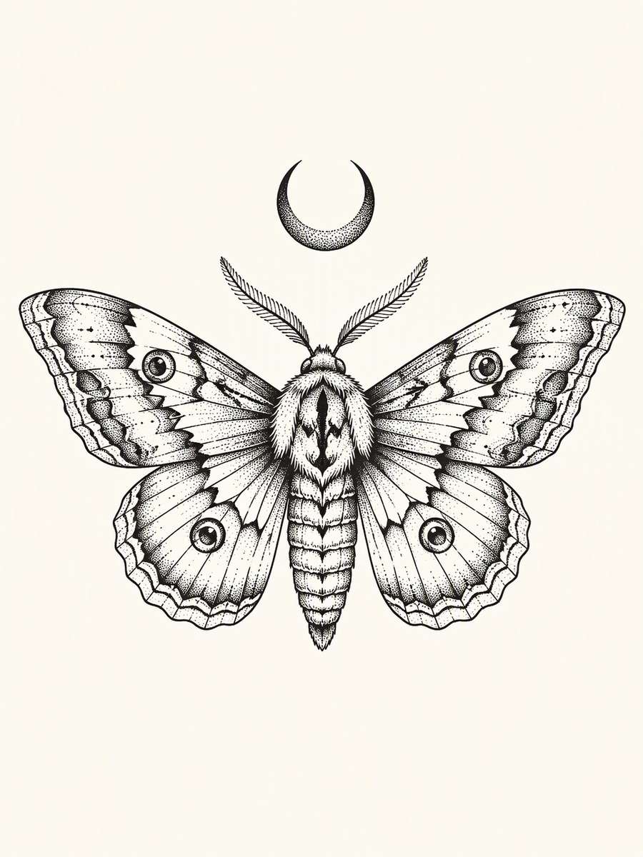 Moth and Crescent: AI-generated dark academia tattoo concept