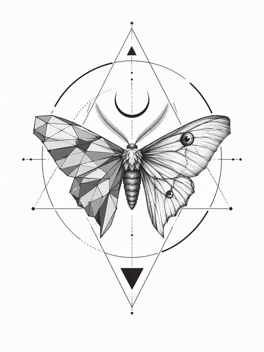 Geometric Moth and Lunar Arc: AI-generated dark academia tattoo concept
