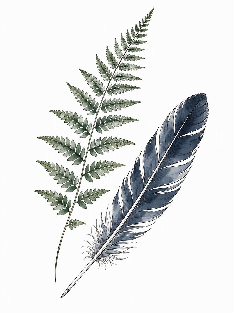 Watercolor Fern and Raven Feather: AI-generated dark academia tattoo concept