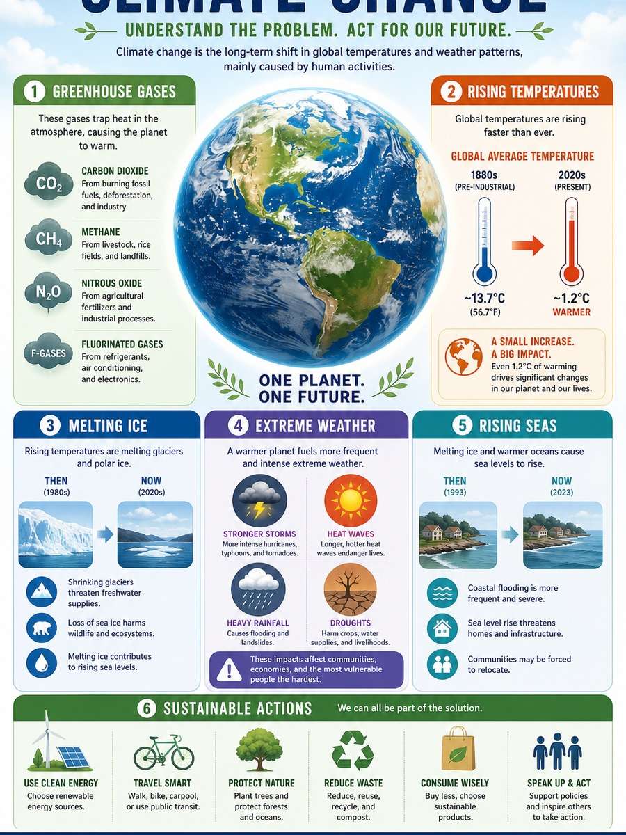 Climate Change Causes and Effects Infographic photo