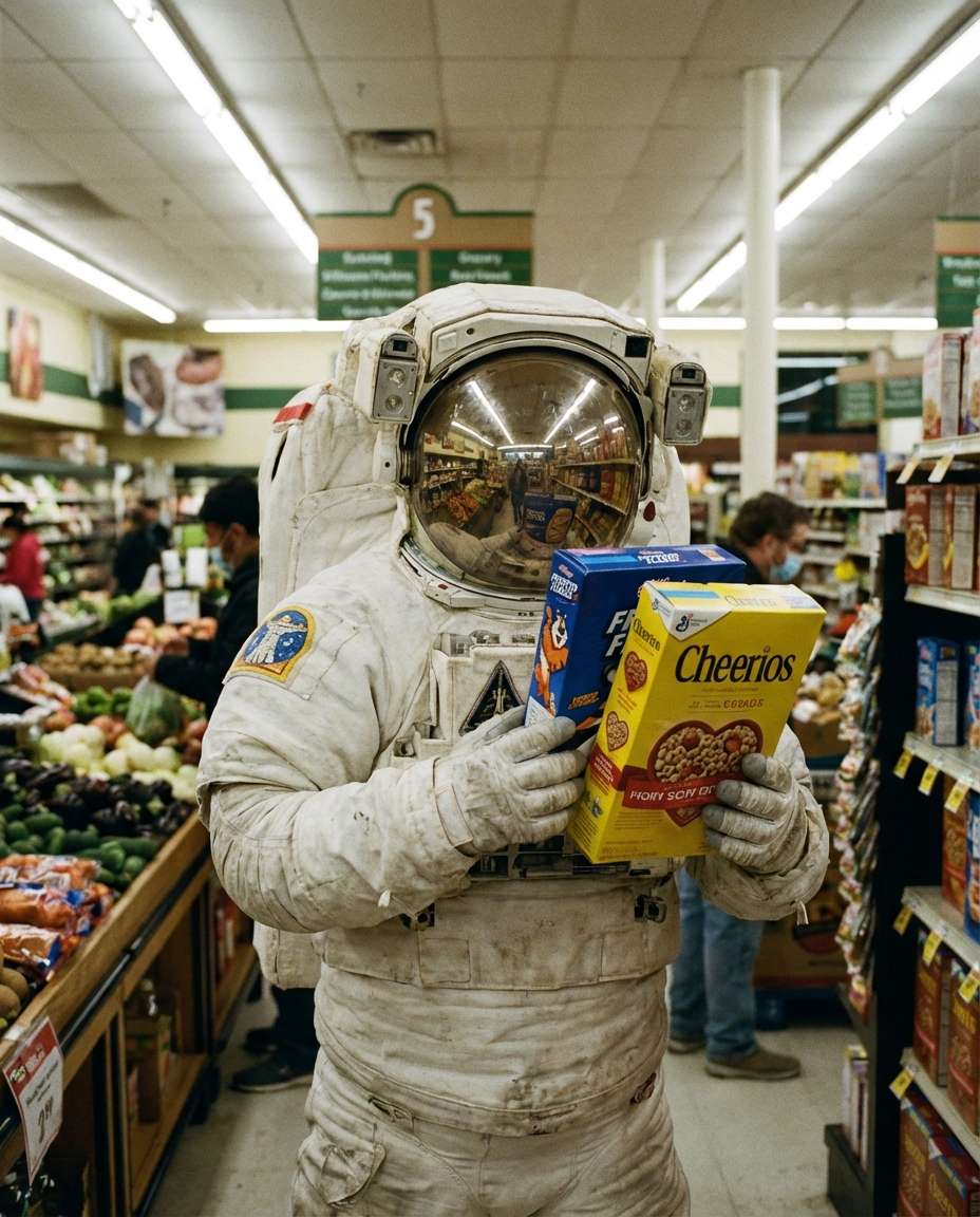confused astronaut grocery photo
