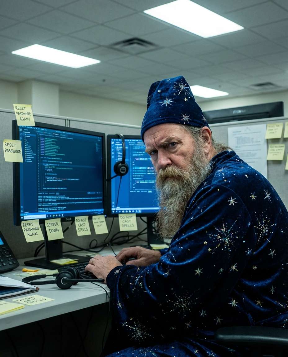 wizard at it desk photo