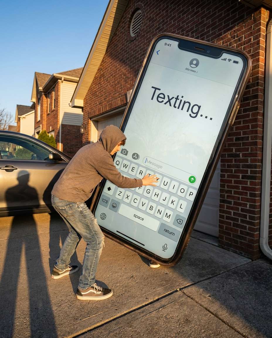 giant phone tiny hands photo