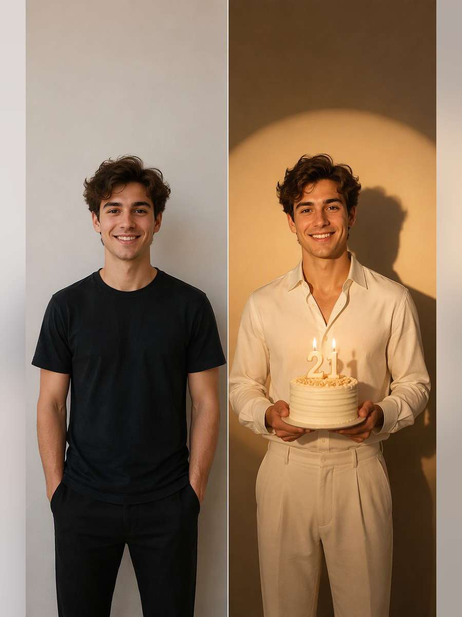 Gold Spotlight at Twenty-One — illustrative image-to-image before and after