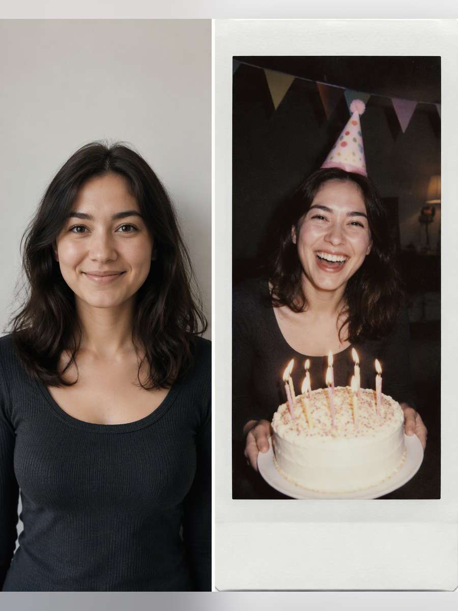 Polaroid Birthday Snapshot — illustrative image-to-image before and after