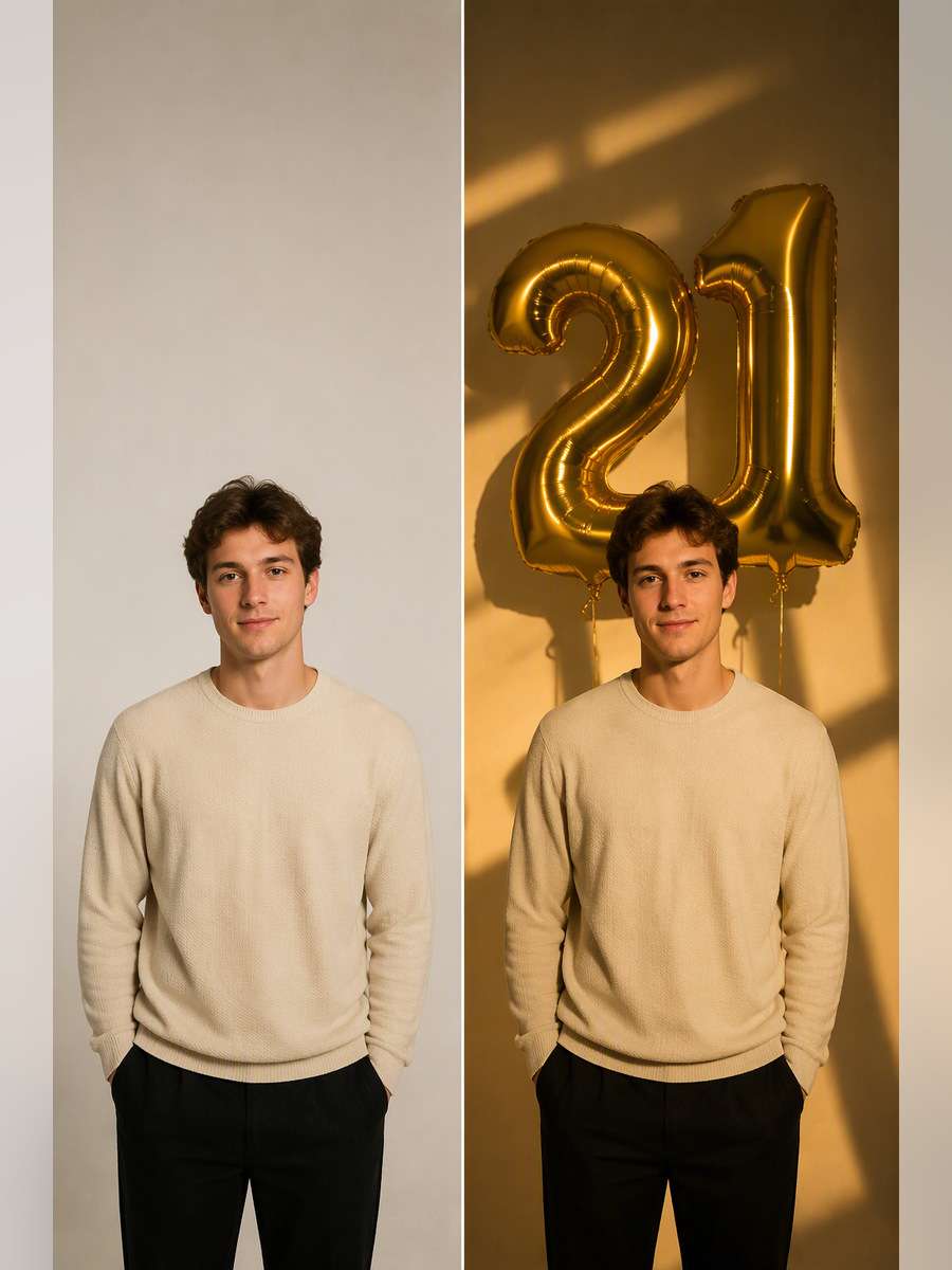 Balloon Shadow Portrait — illustrative image-to-image before and after