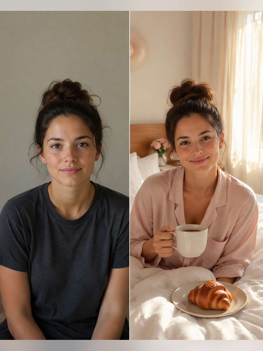 Birthday Morning in Bed — illustrative image-to-image before and after