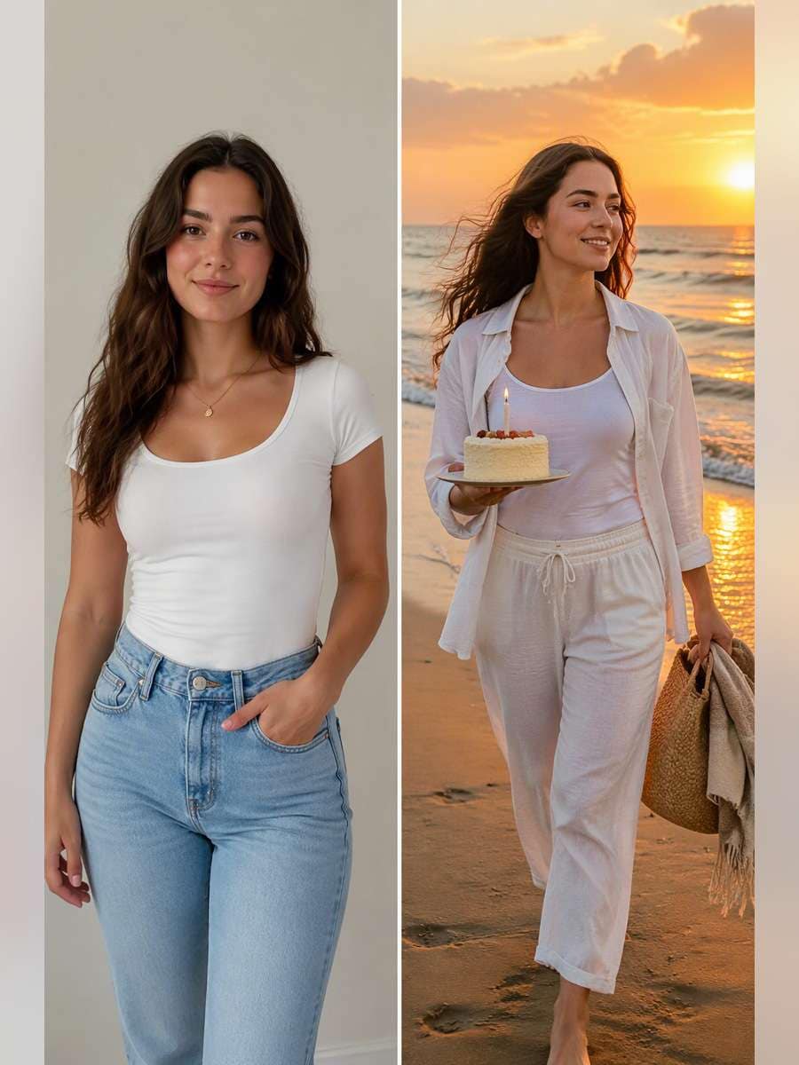 Golden-Hour Beach Birthday — illustrative image-to-image before and after