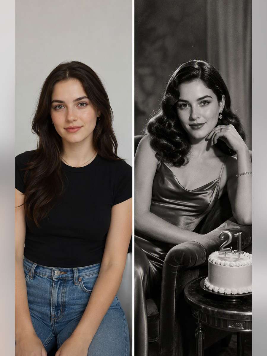 Old-Hollywood Glam at 21 — illustrative image-to-image before and after