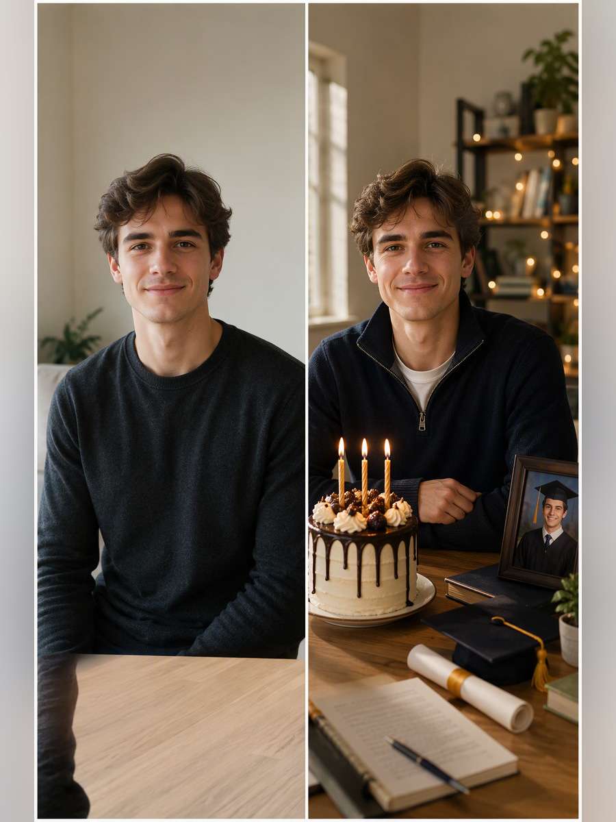 Graduation-to-Birthday Moment — illustrative image-to-image before and after