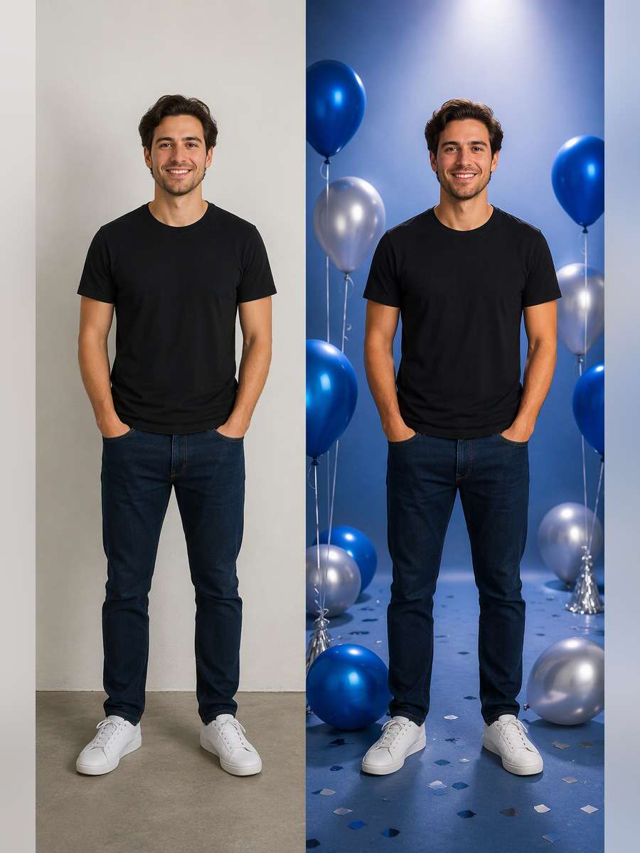 Blue-and-Silver Studio — illustrative image-to-image before and after