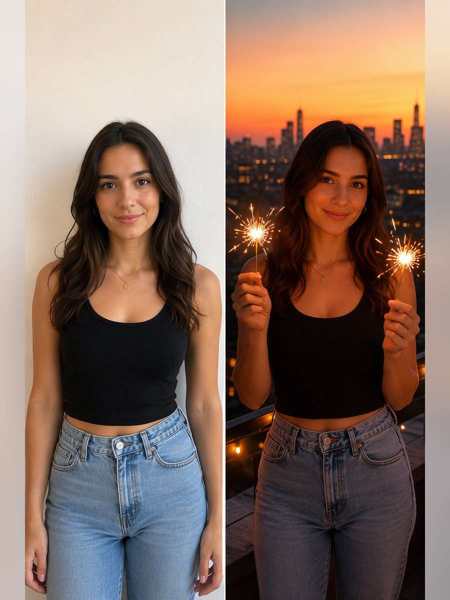 Rooftop Sunset Sparkle — illustrative image-to-image before and after