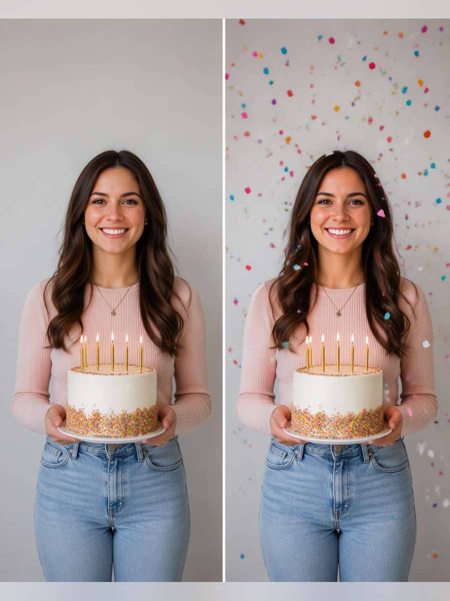 Confetti Caught Midair — illustrative image-to-image before and after