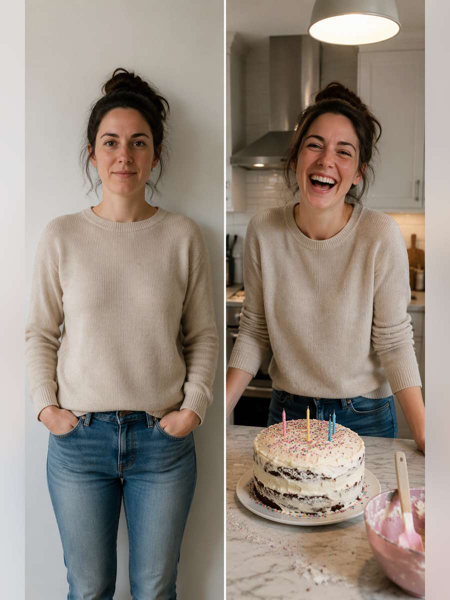 Home Kitchen Birthday Laugh — illustrative image-to-image before and after