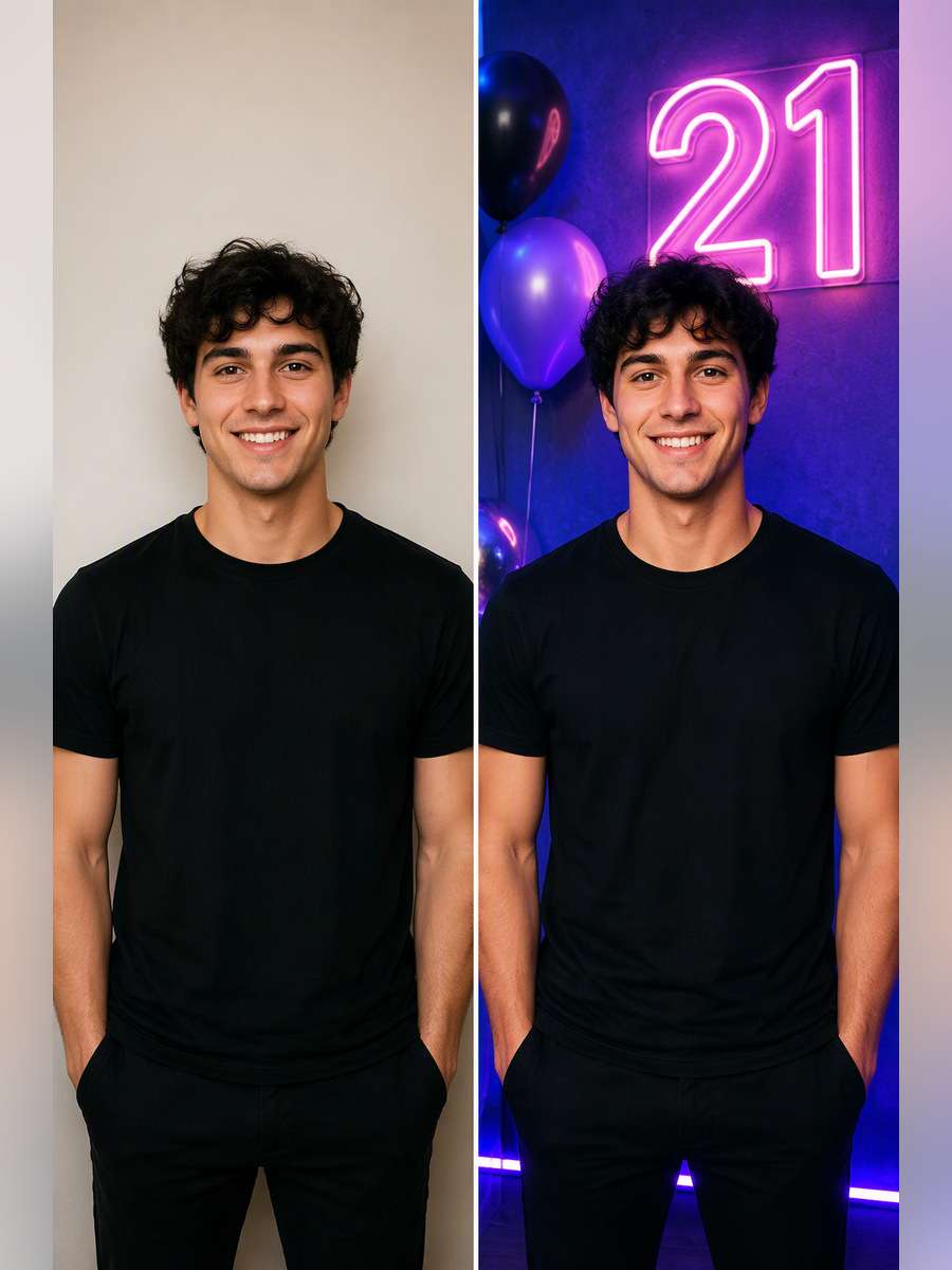 Neon Twenty-One Portrait — illustrative image-to-image before and after