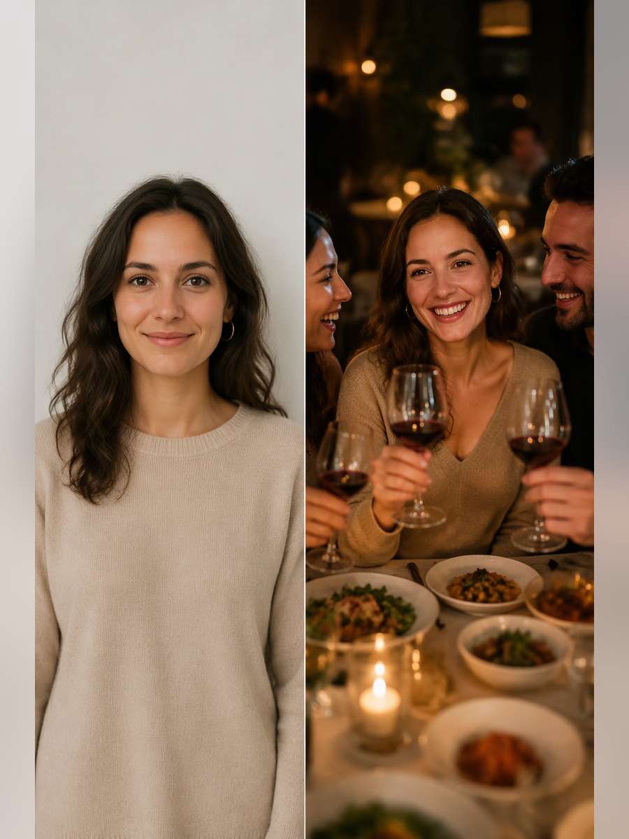 Friends' Dinner Toast — illustrative image-to-image before and after