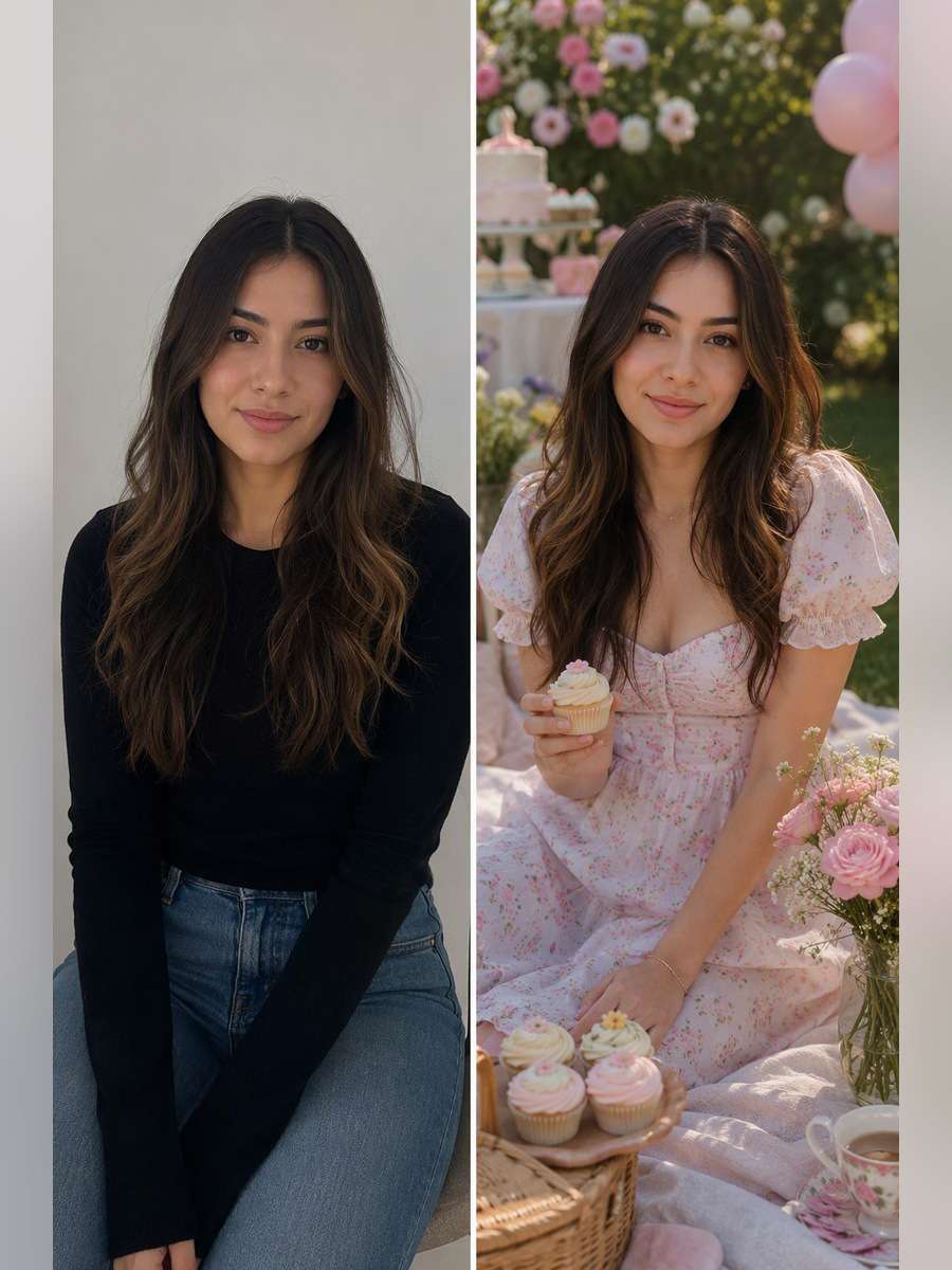 Pastel Garden Birthday — illustrative image-to-image before and after