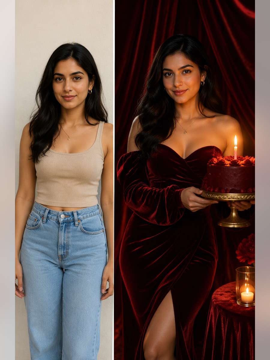 Velvet Red Birthday Night — illustrative image-to-image before and after