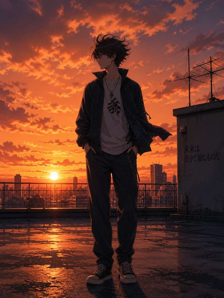 Rooftop sunset anime boy photo