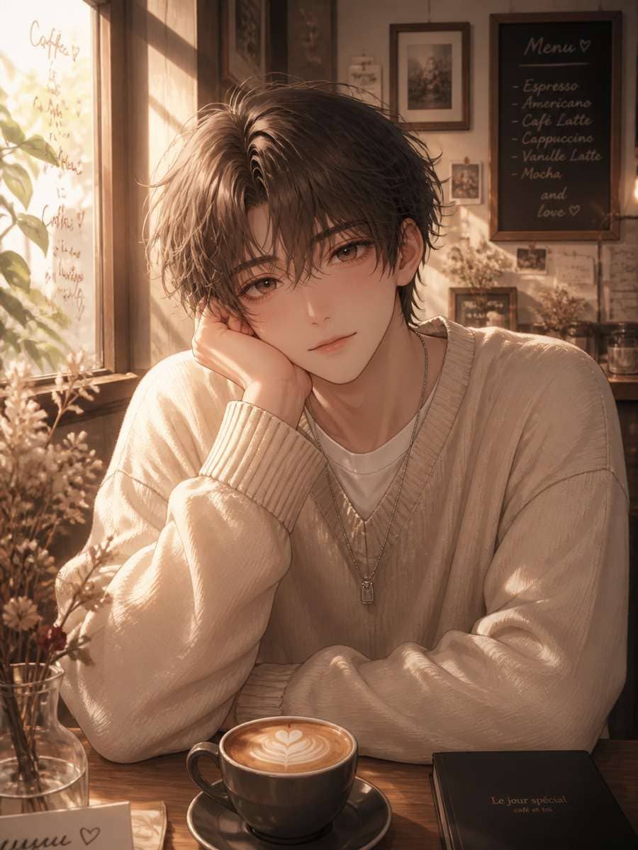 Cafe date anime boy photo