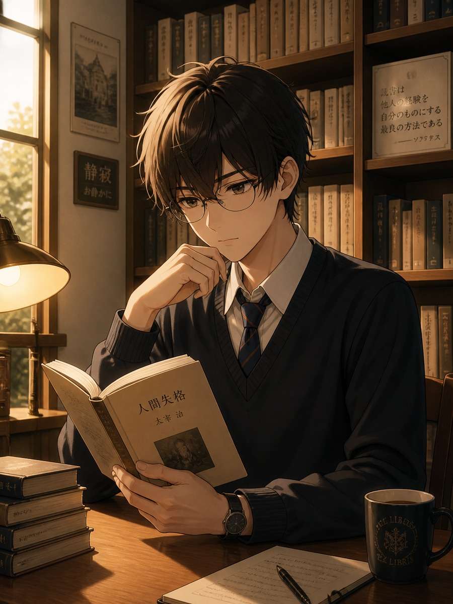 Library scholar anime boy photo