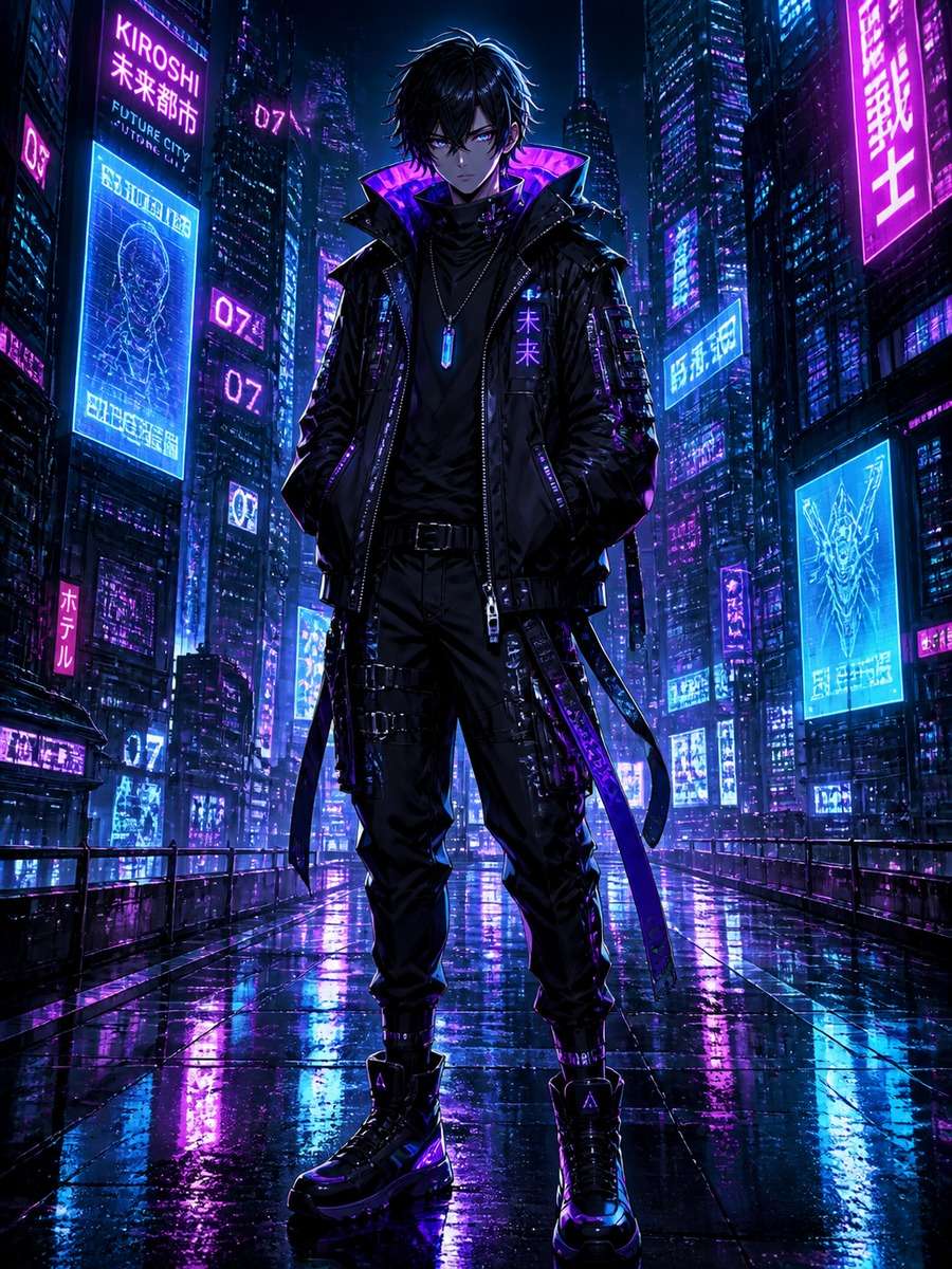 Cyberpunk neon anime boy photo