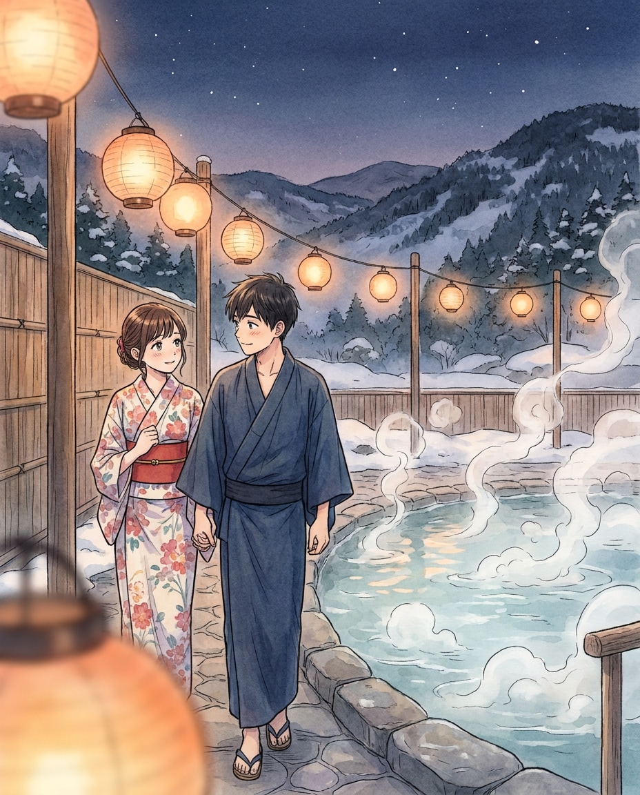 mountain onsen evening photo