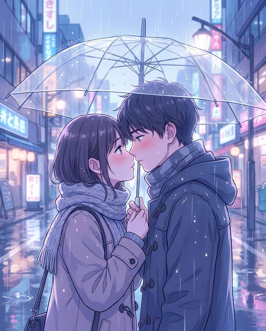 rainy umbrella kiss photo