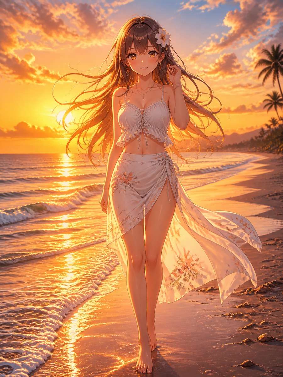 Beach sunset anime style photo