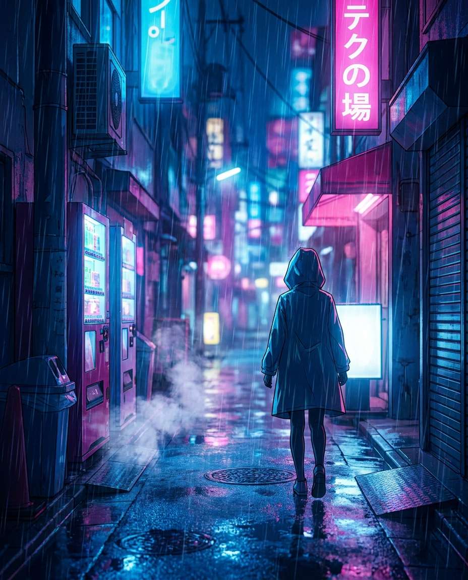 rainy neon alley photo