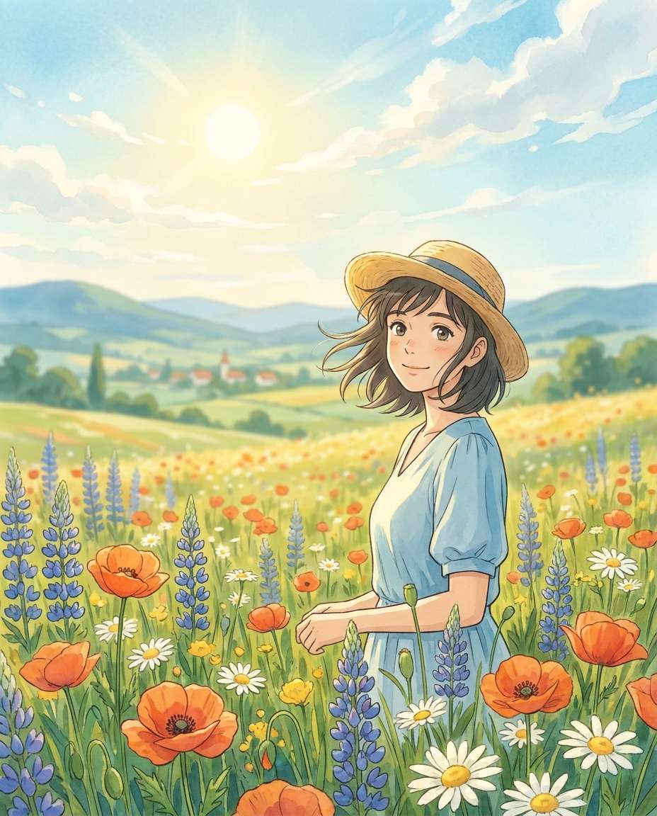 sunlit flower meadow photo