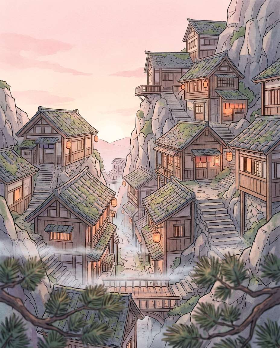 cliffside village dawn photo