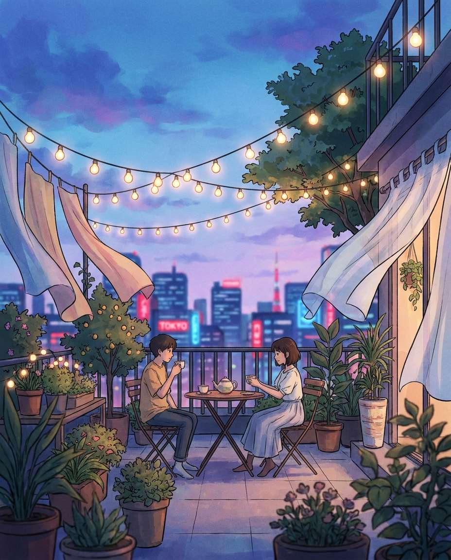 rooftop garden twilight photo